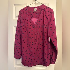 Women’s Merona blouse - magenta & navy polka dots - long sleeve, v-neck - size L